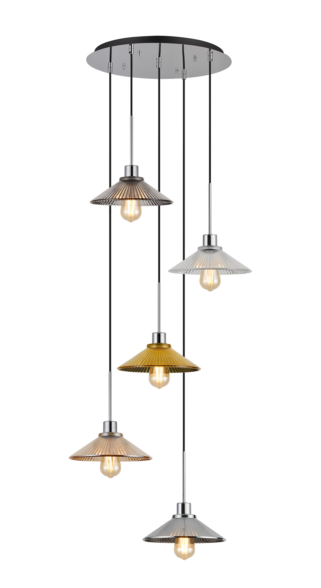 DK1296  Lori 45cm Round Pendant, 5 Light Adjustable E27, Polished Chrome/Chrome/Amber/Clear/Gold/Smoke Pleated Cone Shades